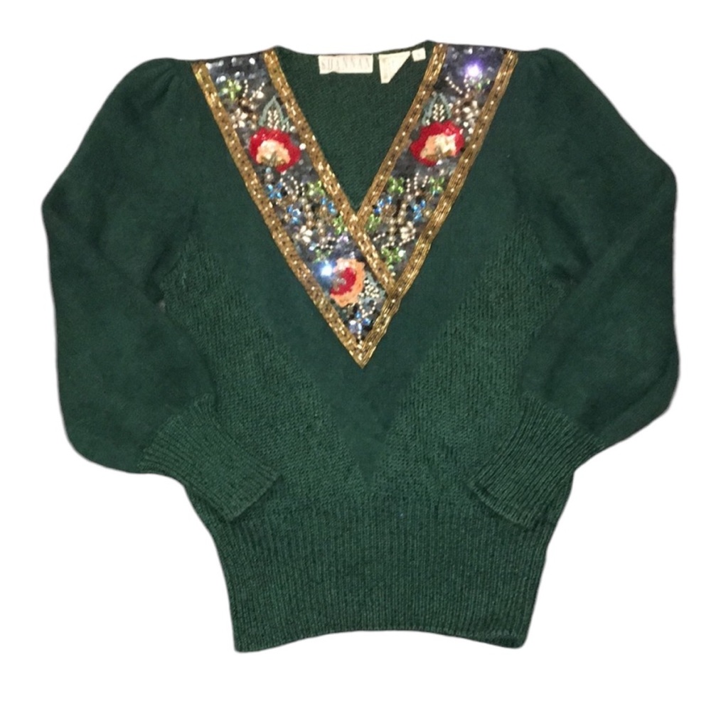 SHANNAN 70s vintage angora blend beaded v-neck dolman sleeve sweater size small